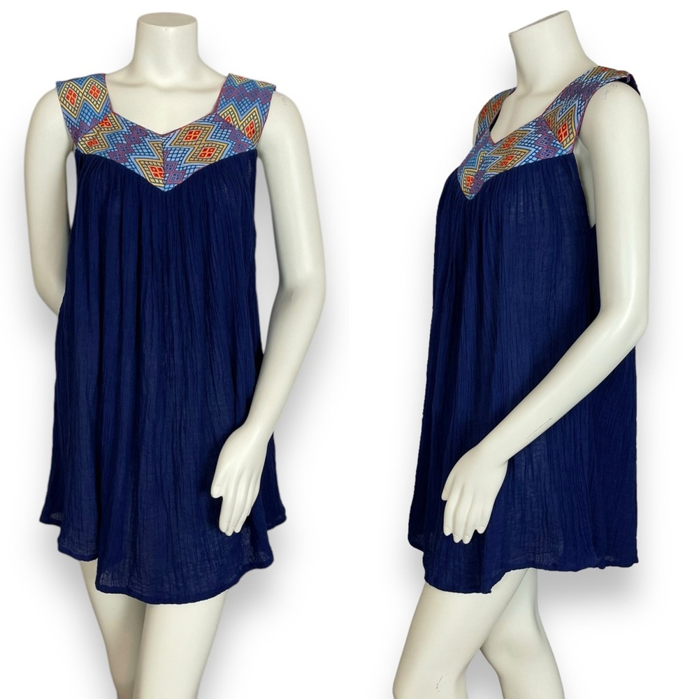 Handmade Tunic Mini Dress Blue Floaty Diamond Pattern Ribbon Sleeveless Women